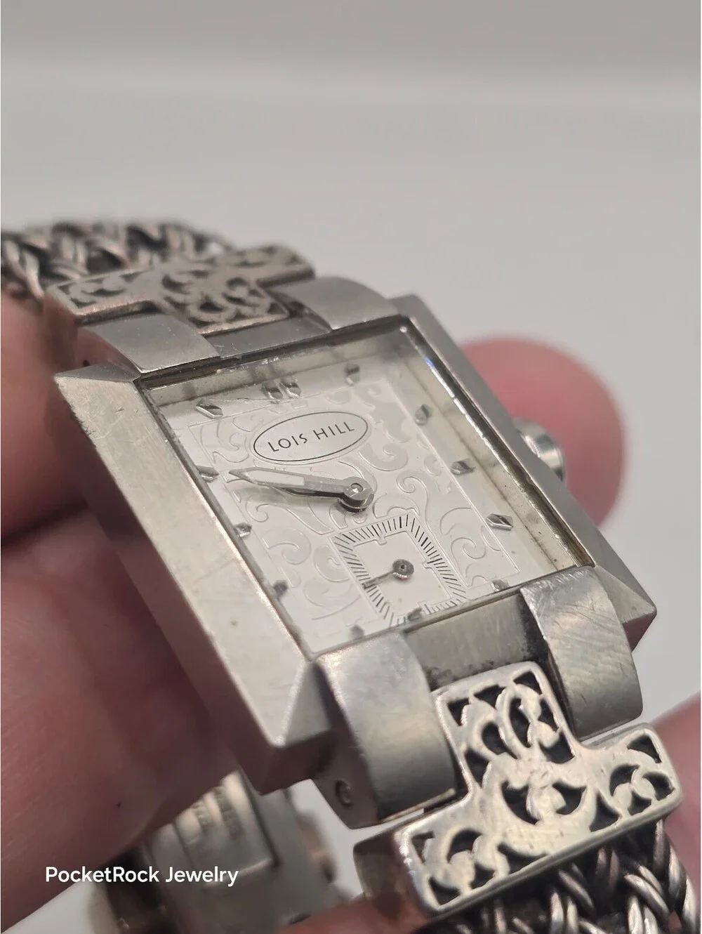 Lois Hill Women’s Swiss Made Quartz Rectangle Silver Dial 925 SILVER Bracelet